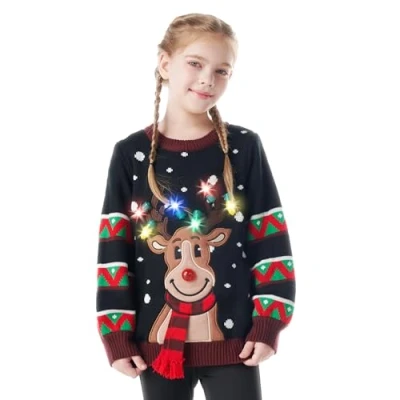 Immagine di JOYIN maglione natalizio per bambini con illuminazione a LED, brutto natalizio, lampadine integrate ragazze e ragazzi, Ragazza nera, 8 10 Anni