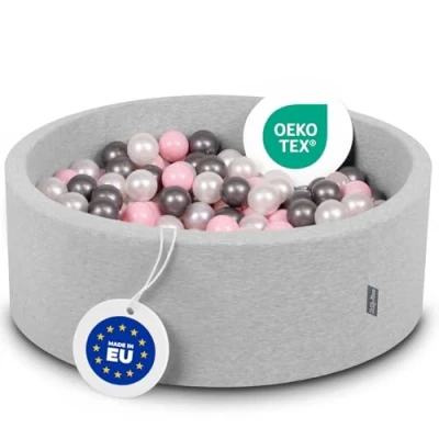 Immagine di KiddyMoon 90X30cm/300 Palline ∅ 7CM Piscina di Colorate per Bambini Tondo Fabbricato in EU, Grigio Ch:Perla/Rosa Ch/Argento