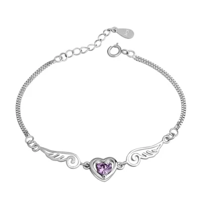 Immagine di Bracciale Donna Argento 925 Link con Charm, Ciondolo a Forma di Cuore e ali Angelo Zircone Zubico Colore Bianco Viola Catena Doppio Filo Estensione