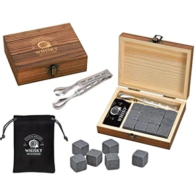 Immagine di WOMA Set di 12 cubetti refrigeranti in basalto con sacchetto velluto e scatola legno alta qualità pinza acciaio inox, ghiaccio riutilizzabili per whisky, vodka gin rum,