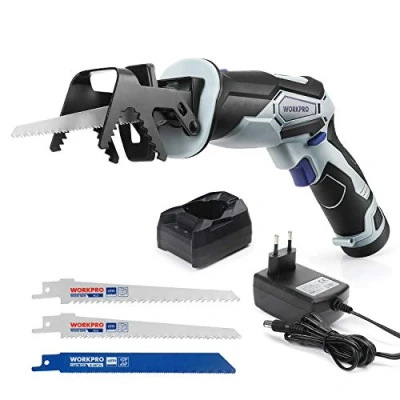 Immagine di WORKPRO Sega a Gattuccio Batteria 12V, Universale con 2000mAh, Velocità Variabile, Ricarica Rapida 1 Ora, 3 Lame per Tagliare Legno, Metallo