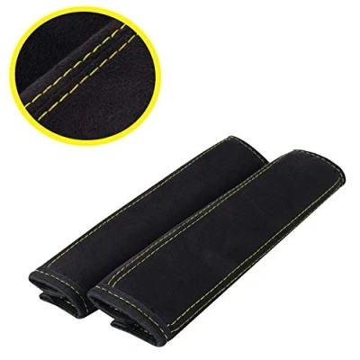 Immagine di A135 1 2 Pezzi Protezioni per Cinture Auto, in Morbida Microfibra, Imbottiture la Spalla, Colore Nero (2 con Cuciture Gialla)