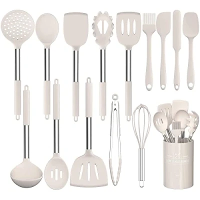 Immagine di Umite Chef Set di utensili da cucina, 15 pezzi in silicone, cucina spatola, cucchiaio, per pentole antiaderenti resistenti al calore, colore: cachi