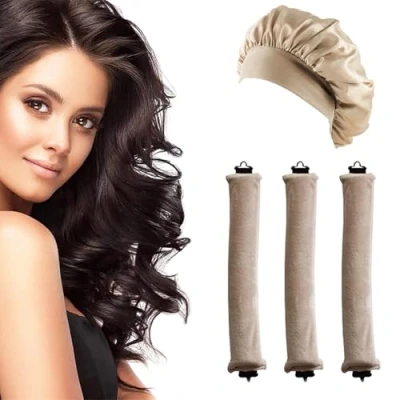 Immagine di JINJUMEI 3 Bigodini Senza Calore e Cuffia Seta Notte, Bacchette Flessibili con Ganci Clip, Capelli Ricci, Ricci Durante la Notte per Lunghi