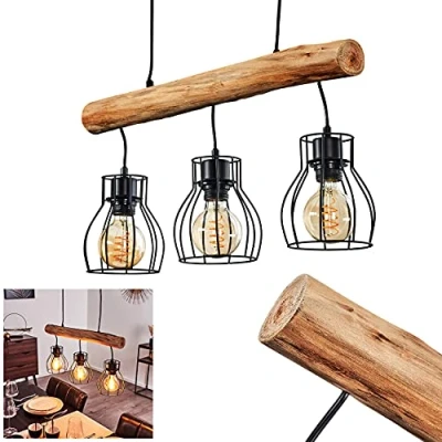 Immagine di lampada a sospensione Gondo, in metallo/legno nero/marrone, 3 luci, x E27, moderna, senza lampadina/e