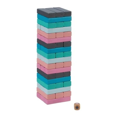 Immagine di Relaxdays Torre Traballante, Gioco di Abilità con 54 Blocchi in Legno, Dadi, HLP 26,5 x 7,5 cm, Colorata
