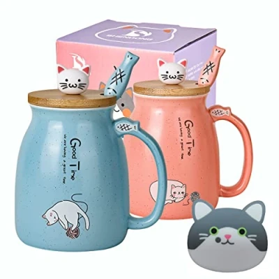 Immagine di SHENDONG Set di 2 tazze da caffè in ceramica con coperchio e cucchiaio bambù kawaii, tazza mattutina, caffè, latte, tè, 3D, animali, per amanti dei gatti, regali donna(Blu Rosso)