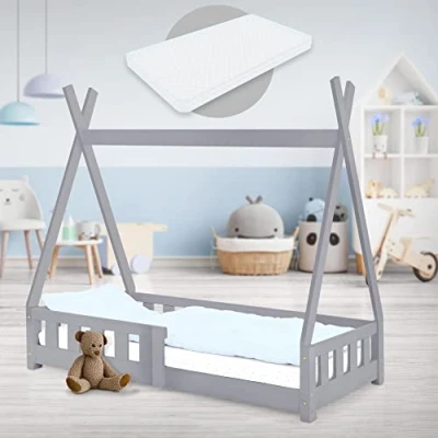 Immagine di ML Design Lettino per Bambini Tenda Indiana con Sponde Protezione Anticaduta Rete a Doghe 70x140 cm Letto da Gioco in Legno di Pino Massiccio Grigio Materasso Sfoderabile Schiuma Fredda