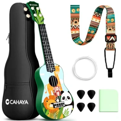 Immagine di CAHAYA Ukulele Soprano da 21 Pollici: in Tiglio con Custodia Portatile, Tracolla Regolabile Spartiti Corde di Ricambio Panno per la Pulizia e 4 Plettri, Adatto Bambini, Verde