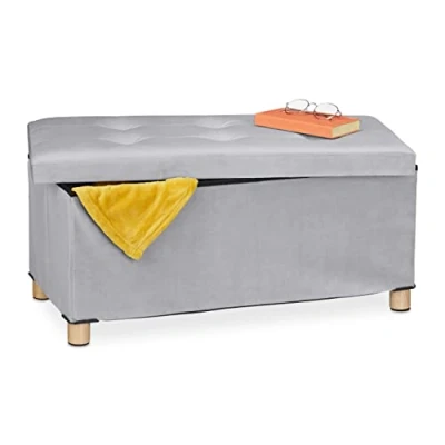 Immagine di Relaxdays Pouf con Contenitore Vassoio, HxLxP: 34x76x38 cm, Sgabello Portaoggetti Salvaspazio, Velluto, Grigio Chiaro, Legno, 1 pz