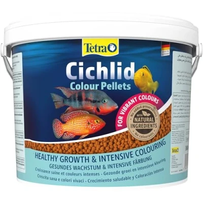 Immagine di Tetra Cichlid Colour Pellets Mangime per Pesci Colori intensi e Brillanti, particolarmente ciclidi con colorazione Rossa, Arancione Gialla, Secchio da 10 l