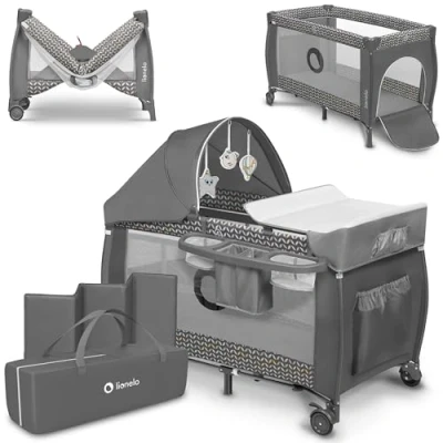 Immagine di lionelo Sven 2in1 Box bambini dalla nascita fino 15kg Lettino pieghevole con Fasciatoio baldacchino Giocattoli Pendenti Ingresso laterale aggiuntivo Sistema LockGuard
