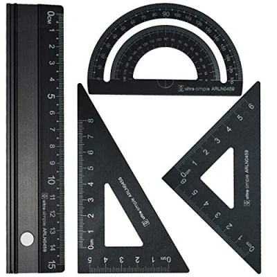 Immagine di metallo Architetti Scala Righello Impostato Rodmaie 4 PCS Tecnico Impostato, Matematica Geometria Attrezzo, Goniometro, Triangolare,righello 15 cm (nero)