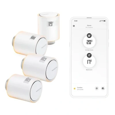 Immagine di Netatmo Pack 4 Teste termostatiche connesse e intelligenti, accessorio per termostati connessi valvole radiatori, NBU NAV EU