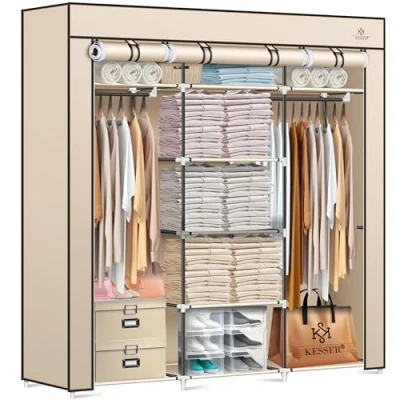 Immagine di KESSER® Armadio in tessuto stabile con asta appendiabiti e ripiani, include 5 grucce tessuto, per camera da letto, spogliatoio, guardaroba appendiabiti, 150 x 45 175 cm