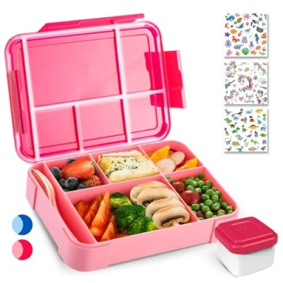 Immagine di PUWOWYE Lunch Box, Porta Pranzo con Posate, 1330ml Bambino Adulto Bento Box 5 Scomparti, Schiscetta Contenitore per Microonde Lavoro Picnic Ufficio, senza BPA(Rosa)