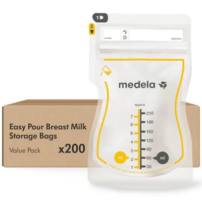 Immagine di Medela Sacche Monouso Easy Pour per la Conservazione del Latte Materno, Capacità 210 ml, Design a Prova di Perdite con Protezione Latte, Senza BPA, Confezione da 200 Pezzi