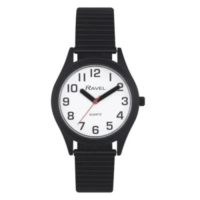 Immagine di Ravel Unisex Super Audace Vista Aiuto Bracciale in Acciaio Inossidabile Expander Orologio con Grandi Numeri e Lancette Analogico Quarzo R0225.13.1 Nero/Quadrante Bianco