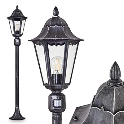 Immagine di lampada da esterno/giardino Lignac, rilevatore di movimento, luce percorso, stile antico, fusione alluminio in nero/argento con vetri, terra 118 cm, retrò, E27, IP44, senza lampadina