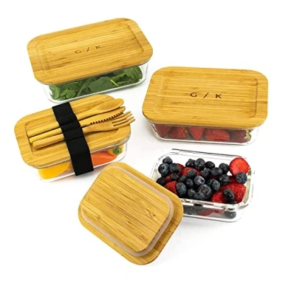 Immagine di Gramercy contenitore per alimenti in vetro 4x con coperchio bambù, contenitori coperchio, senza BPA, a prova di perdite
