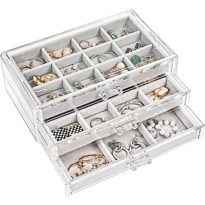Immagine di ProCase Porta Orecchini Organizer, Gioielli da Cassetto con Divisori Regolabili, Chiuso Camera, Vassoi per Anelli 3 Strati Grigio