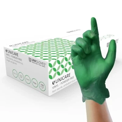 Immagine di UNIGLOVES Unicare Guanti Monouso in Vinile da esame Multiuso, Senza Polvere e Lattice confezione 100 Guanti, Verde, Large (GS0124)