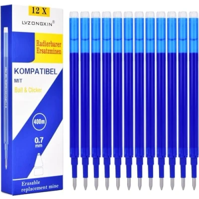 Immagine di LVZONGXIN Mine di ricambio cancellabili blu, compatibili con Frixion Ball &amp;Clicker, 0,7 mm [set da 12], inchiostro termico, lunghezza scrittura 400 m (blu)