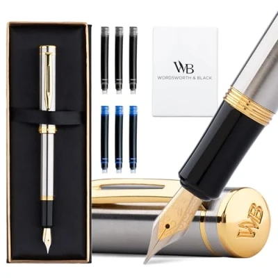 Immagine di Wordsworth and Black Fountain Pen Mini EDC Penna Tascabile Argento, Oro, Pennino Medio, 6 Cartucce d&#039;Inchiostro, Convertitore Set Regalo Ricaricabile, Uomini &amp; Donne