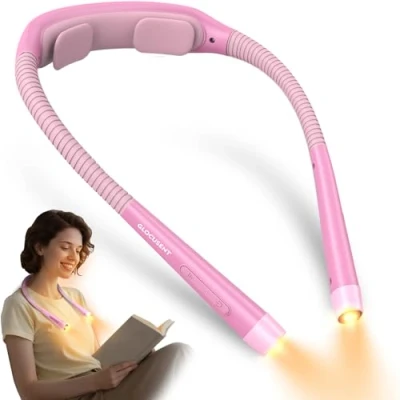 Immagine di Glocusent luce da collo, lettura 3 colori e 5 luminosità continua, libro con timer aiuto per dormire, ricaricabile 100 ore di durata, design ergonomico, perfetta leggere