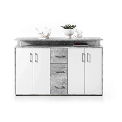Immagine di AVANTI TRENDSTORE Doro Comó con 1 ripiano Aperto, 3 cassetti e 4 Ante, Disponibile in 2 Diversi Colori, Dimensioni: Lap 139x90x34 cm (Grigio Bianco)