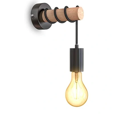 Immagine di B.K.Licht Lampada da parete retrò in metallo e legno, lampadina E27 non inclusa, applique vintage, design industriale, ideale per ambienti rustici moderni, nero IP20