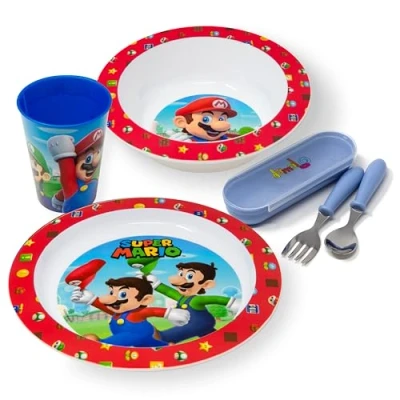 Immagine di damaloo Mario Set Stoviglie Bambini Piatto, Ciotola, Tazza e Posate Bambini, Pappa Bimbo per Colazione, Pranzo Cena, Riutilizzabile Senza BPA