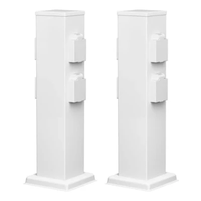 Immagine di ledscom.de 2 prese da giardino a colonna POLLY per esterni, IP44, 4 vie, acciaio inox, bianco, quadrate, 40 cm