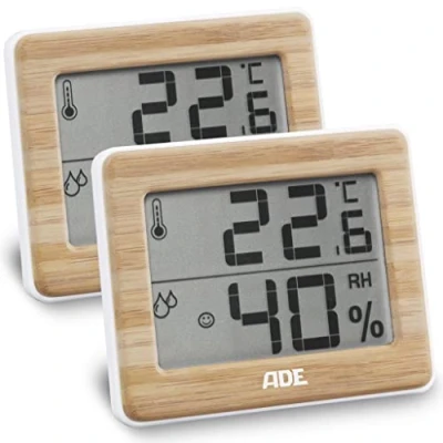 Immagine di ADE Termoigrometro Digitale Termometro con Indicazione Precisa della Temperatura Igrometro per l&#039;Umidità e Indicatore Zona Comfort Display LCD Bambù 2 Pezzi