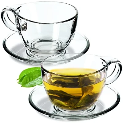 Immagine di KADAX tazza in vetro con sottovaso, 200 ml/250 ml, set di tazze trasparente, da tè, caffè, piattino, sottobicchiere (lea/2 pezzi)