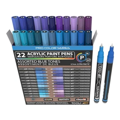 Immagine di Set di 22 pennarelli assortiti blu e viola serie Pro Colour da 0,7 mm, punta extra fine per pittura rocciosa, vetro, tazze, legno, metallo, tela, progetti fai te, non tossici, a base d&#039;acqua