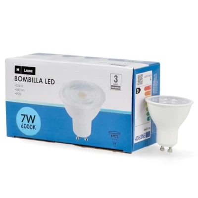 Immagine di M Ledme Confezione da 6 lampadine a LED SMD Plus Gu10 7 W, luce fredda (6000 K), attacco Gu10, 580 lumen, IP20, apertura del fascio luminoso di 60. Modello LM7613