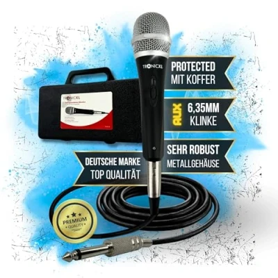 Immagine di TronicXL Set di microfono dinamico con valigetta, cavo lungo 5 m, connettore jack da 6,35 mm, universale per cantare, moderazione, palcoscenico, karaoke, matrimonio, canto