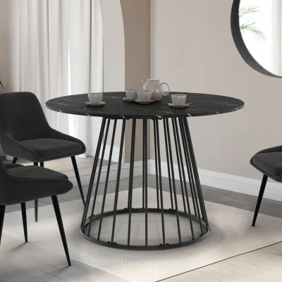 Immagine di Tavolo da pranzo rotondo per 6 persone YUNA con piano in marmo nero effetto ALASKA e gamba filo metallico 110 cm IDMarket