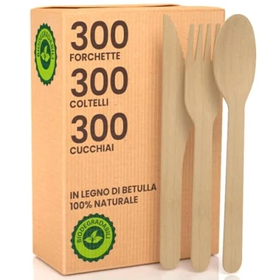 Immagine di Set Posate Ecologiche in Legno di Betulla 300 Forchette + Coltelli Cucchiai Monouso 100% Naturali Biodegradabili e Compostabili Usa Getta