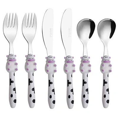 Immagine di EXZACT Bambini Posate Acciaio Inox 6 pezzi/posate bimbi 2 x forchetta, coltelli, Cucchiai Cena (Mucca 6)