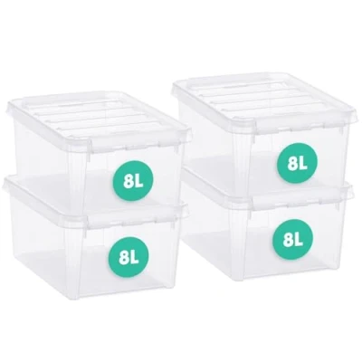 Immagine di SmartStore Scatole portaoggetti in plastica da 8 l con coperchio, impilabili e impilabili, sicure per alimenti senza BPA, chiusura a clip, trasparenti, 34 x 25 16 cm
