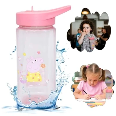 Immagine di Peppa Pig Borraccia quadrata con cannuccia, 420 ml, 16 cm, in plastica, senza BPA, per bambini dai 6 mesi su