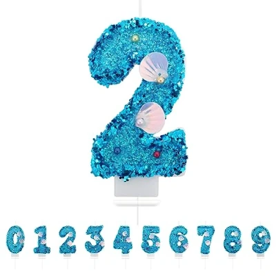 Immagine di candele di compleanno con numeri 2,3D, blu, 2, decorazione per torte, compleanni, decorazioni