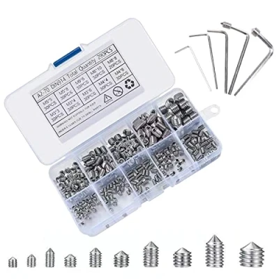 Immagine di 290Pezzi Viti Senza Testa M3 M4 M5 M6 M8 a Punta Conica in Acciaio Inox Brugola Cono kit per Maniglie Porte Rubinetto