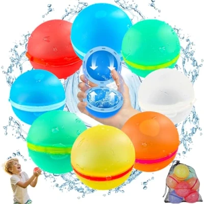 Immagine di 8 bombe ad acqua colorate con chiusura automatica, riempimento rapido di pochi secondi, bomba d&#039;acqua riutilizzabili, giocattolo acquatico per bambini, attività all&#039;aperto, pallanuoto