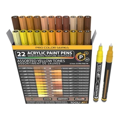 Immagine di Set di 22 pennarelli per pittura acrilica, colore giallo e marrone, 0,7 mm, punta extra fine su roccia, vetro, tazze, legno, metallo, tela. Non tossico, asciugatura rapida.