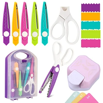 Immagine di set di 7 forbici artigianali 3 in 1 angoli rotondi, per carta, con bordi decorativi 5 tipi a zig zag, progetti fai da te foto, biglietti e scrapbooking