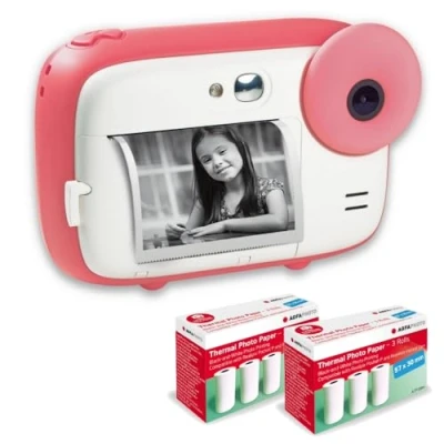 Immagine di AGFA PHOTO Realikids Instant Cam + 6 rotoli di carta termica ATP3WH aggiuntivi Fotocamera istantanea per bambini, schermo LCD da 2,4&quot;, batteria al litio, specchio selfie e filtro fotografico, Rosa