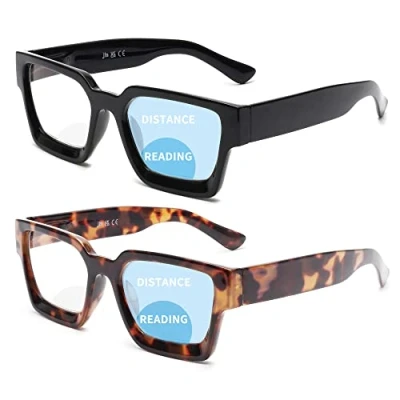 Immagine di JM 2 Pack Quadrati Occhiali da Lettura per Donna, Lettori Computer con Blocco della Luce Blu Cerniera a Molla, Nero &amp; Tartaruga +2.5